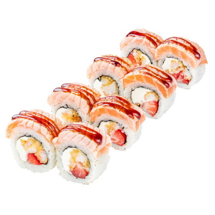 Roll Aburi z łososiem, krewetką i truskawką